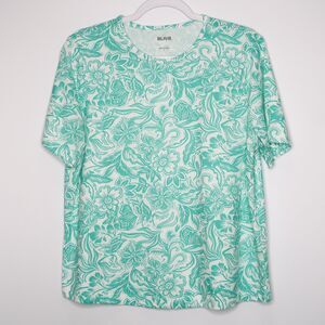 Blair Womens T-shirt Size Large Aqua Floral Paisley Casual Scoop Neck Tee